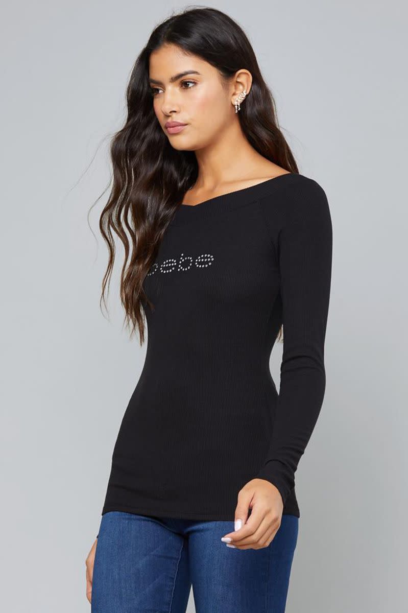 Bebe Logo Long Sleeve V-Tee, Black