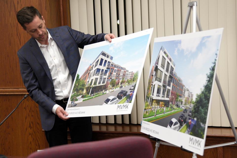 Adrian Melia, architect with MVMK, shows the changes made to the 176 Riverside Ave. project to the Red Bank planning board on Monday, April 4, 2022 at the Borough Hall in Red Bank, New Jersey. 