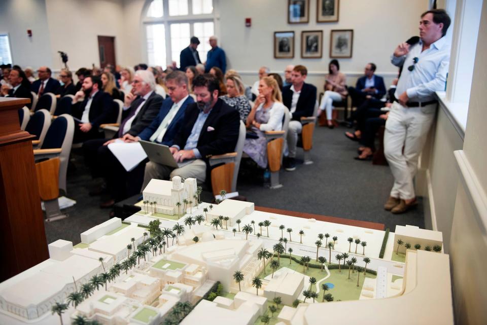 People attending the Development Review meeting in the Town Council chambers listen to Daniel Lobitz, of Robert A.M. Stern Architects talk about possible architectural plans for the Paramount Building Wednesday January 10, 2024 in Palm Beach.