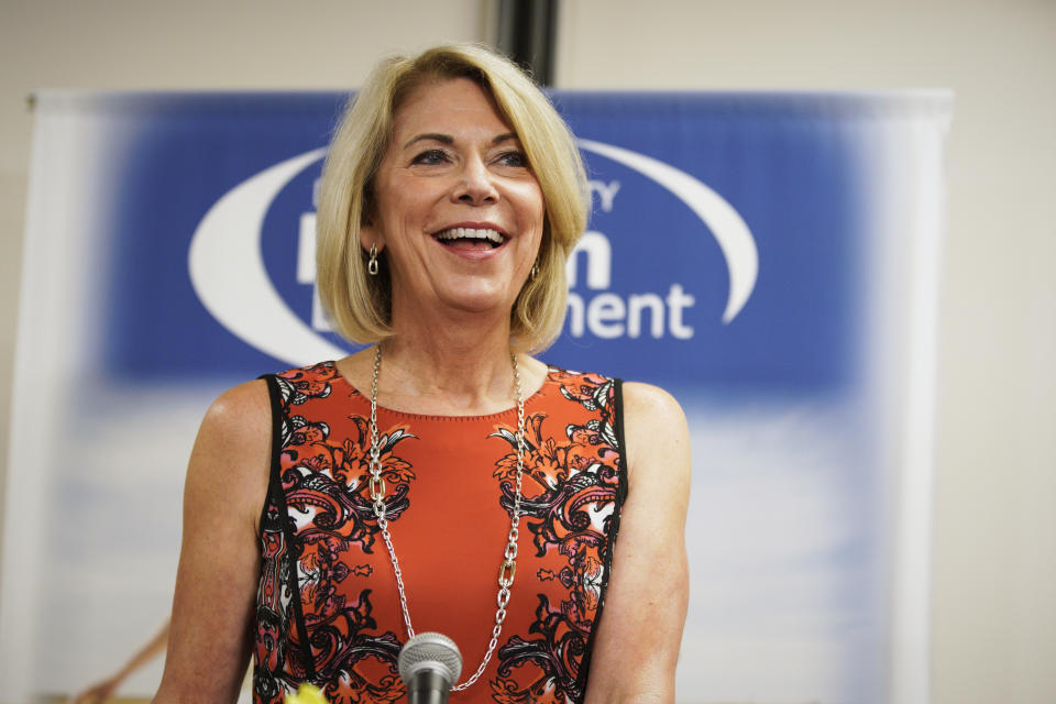 FILE - Omaha Mayor Jean Stothert speaks during a news conference at the Douglas County Health Department in Omaha, Neb., Friday, July 31, 2020. Two lawsuits allege that Nebraska’s two largest cities are violating a new state gun law by prohibiting them from public places such as parks. The Liberty Justice Center filed lawsuits Dec. 18 challenging executive orders issued by the mayors of Omaha and Lincoln. (AP Photo/Nati Harnik, File)