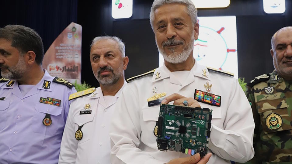 Iran's Rear Admiral Habibollah Sayyari holding the Zedboard 