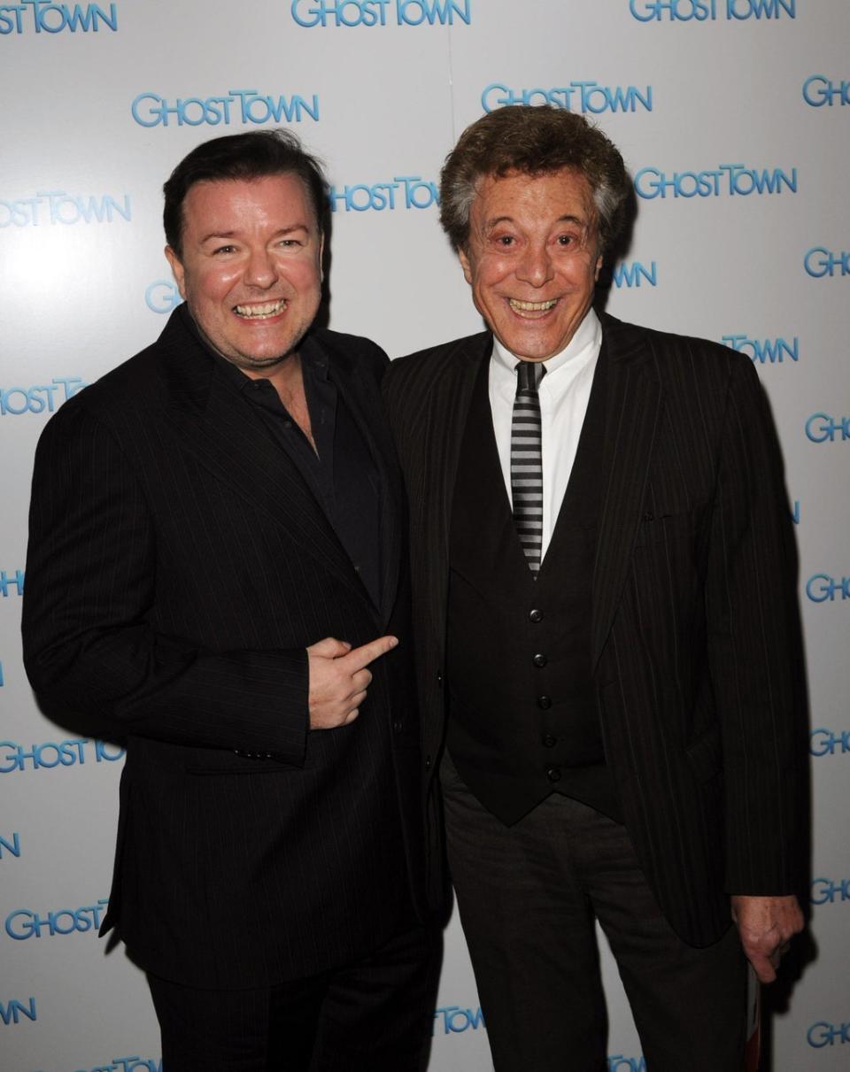 File photo dated 14/10/2008 of Ricky Gervais (left) and Lionel Blair attend a VIP Screening of 'Ghost Town' at the Apollo West End Cinema, London. (PA)