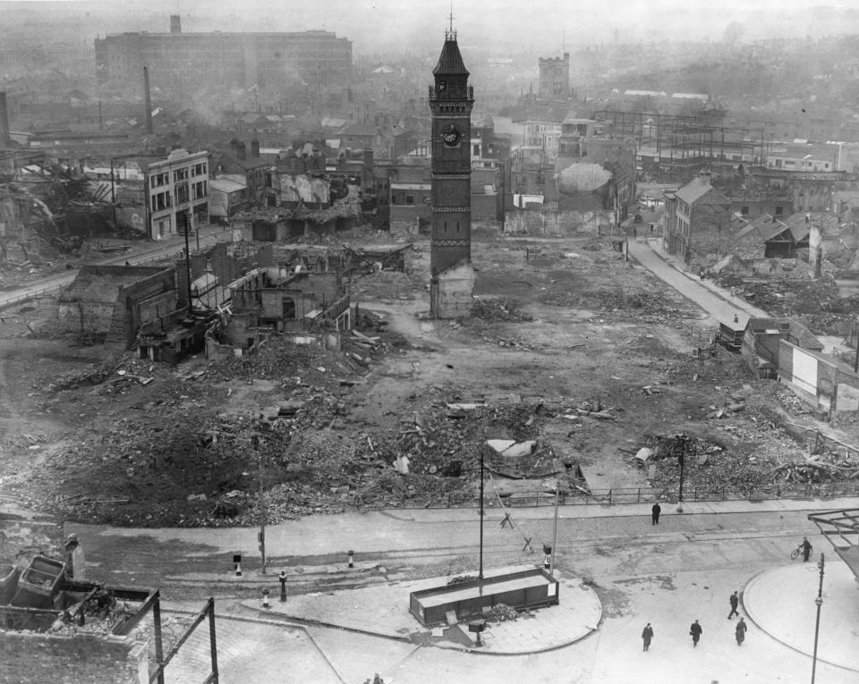 The smouldering wreckage of centre of Coventry a couple of days following the heavy raid by the Luftwaffe on the 14th November 1940. (Photo by Daily Mirror/Mirrorpix/Mirrorpix via Getty Images)