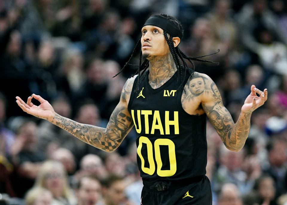 Utah Jazz guard <a class="link " href="https://sports.yahoo.com/nba/players/5357" data-i13n="sec:content-canvas;subsec:anchor_text;elm:context_link" data-ylk="slk:Jordan Clarkson;sec:content-canvas;subsec:anchor_text;elm:context_link;itc:0">Jordan Clarkson</a> (00) celebrates after a 3- pointer as the Jazz and Raptors play at the Delta Center in Salt Lake City on Friday, Jan. 12, 2024. | Scott G Winterton, Deseret News