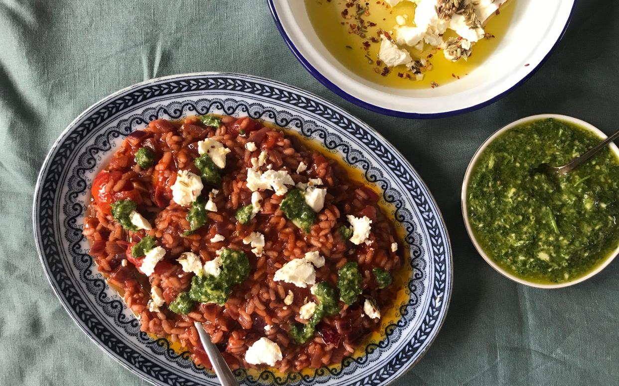 Tomato risotto with marinated feta and green sauce - Eleanor Steafel