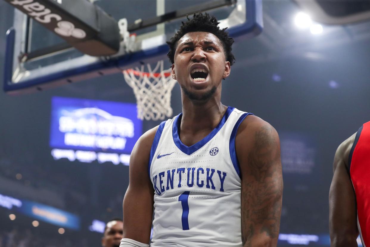 Kentucky’s Justin Edwards celebrates making a shot and getting fouled against Ole Miss Tuesday night in Rupp Arena.
Feb. 13, 2024