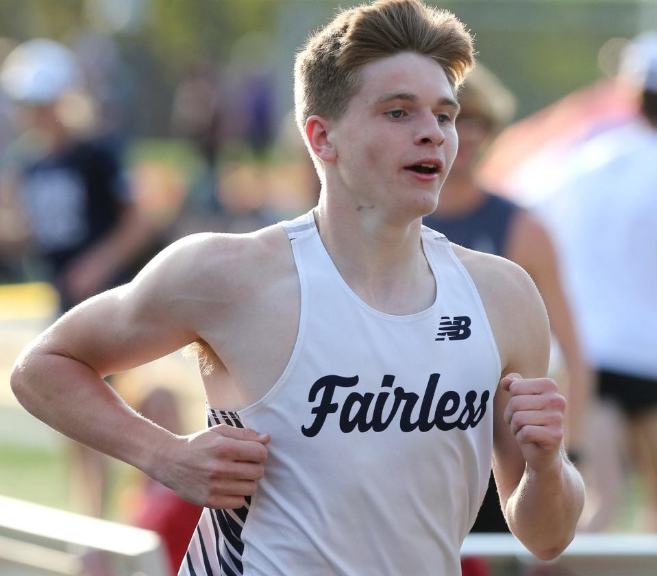 Brody Pumneo of Fairless took second in the boys 1600 meter run during the PAC-7 Track and Field Championships at Northwest on Thursday, May 12, 2022. 