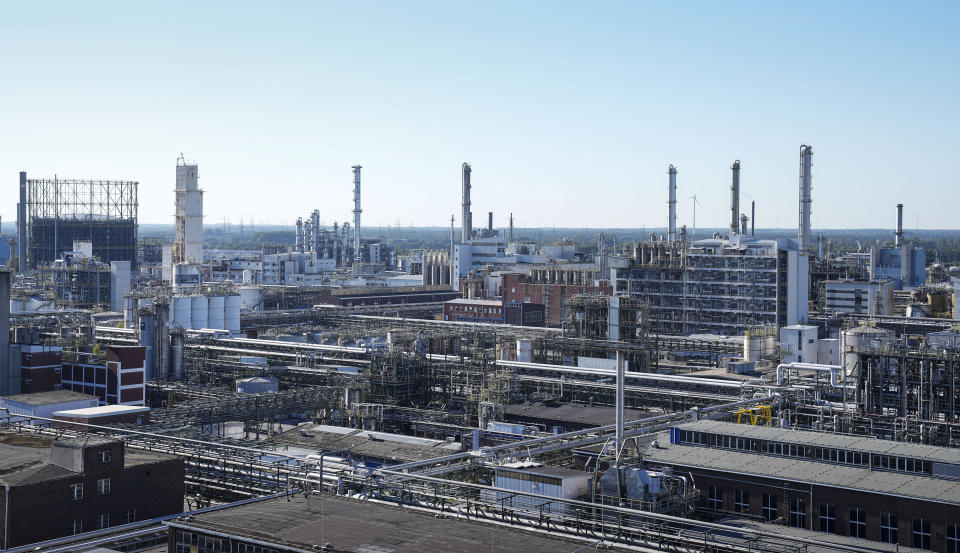 German specialty chemicals company Evonik Industries produces at its location at the Marl Chemical Park in Marl, Germany, Thursday, Sept. 7, 2023. (AP Photo/Martin Meissner)