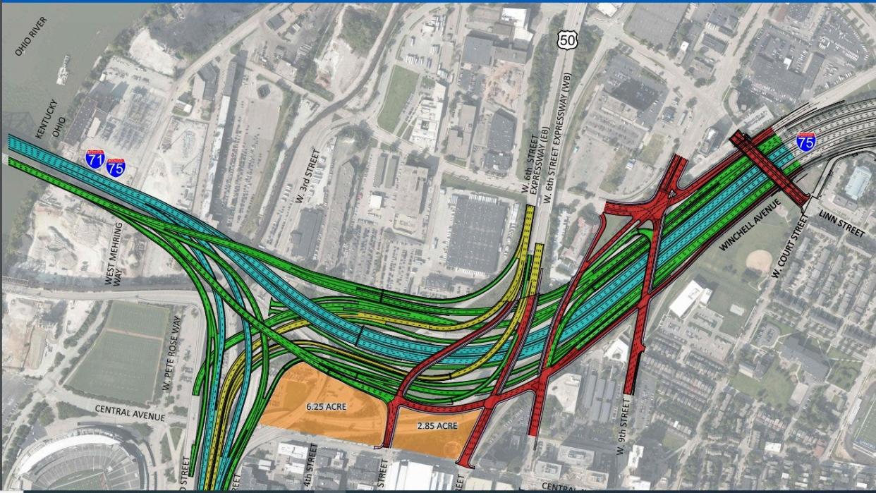 As part of the Brent Spence Bridge Corridor project, Cincinnati city leaders want a new street east of I-75 (shown in red, running from Fifth to Ninth streets) and a newly built intersection at Gest Street where West Eighth and Ninth streets meet.