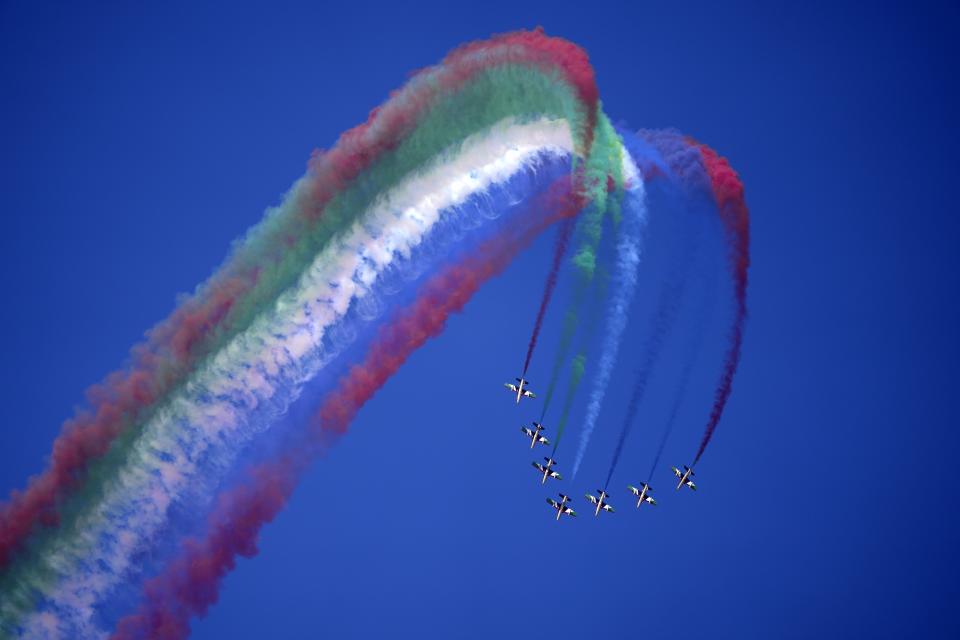 "Al Fursan", or the Knights, a UAE Air Force aerobatic display team, perform during the second day of the Dubai Air Show, United Arab Emirates, Tuesday, Nov. 14, 2023. (AP Photo/Kamran Jebreili)