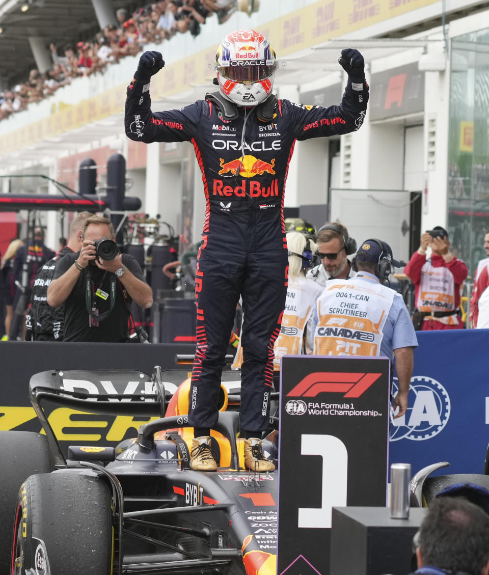 Red Bull Racing Max Verstappen, of the Netherlands, celebrates his win during the Formula One Canadian Grand Prix auto race, Sunday, July 18, 2023, in Montreal. (Christinne Muschi/The Canadian Press via AP)