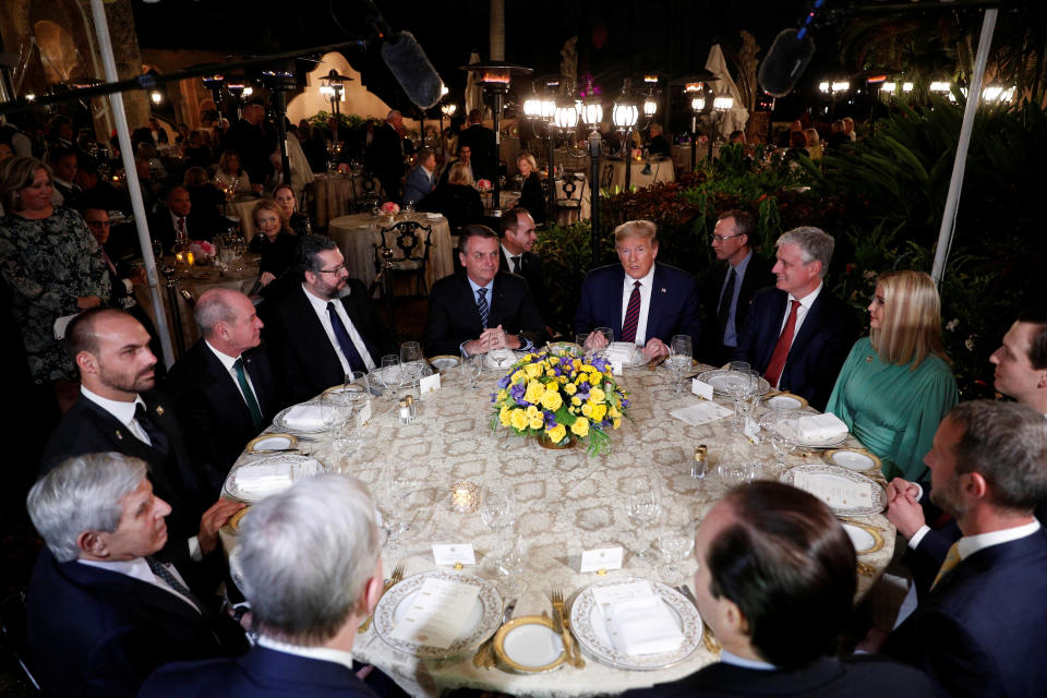 Trump hosts a working dinner with Brazilian President Jair Bolsonaro at the Mar-a-Lago resort in Palm Beach, Florida, on March 7. (Photo: Tom Brenner / Reuters)