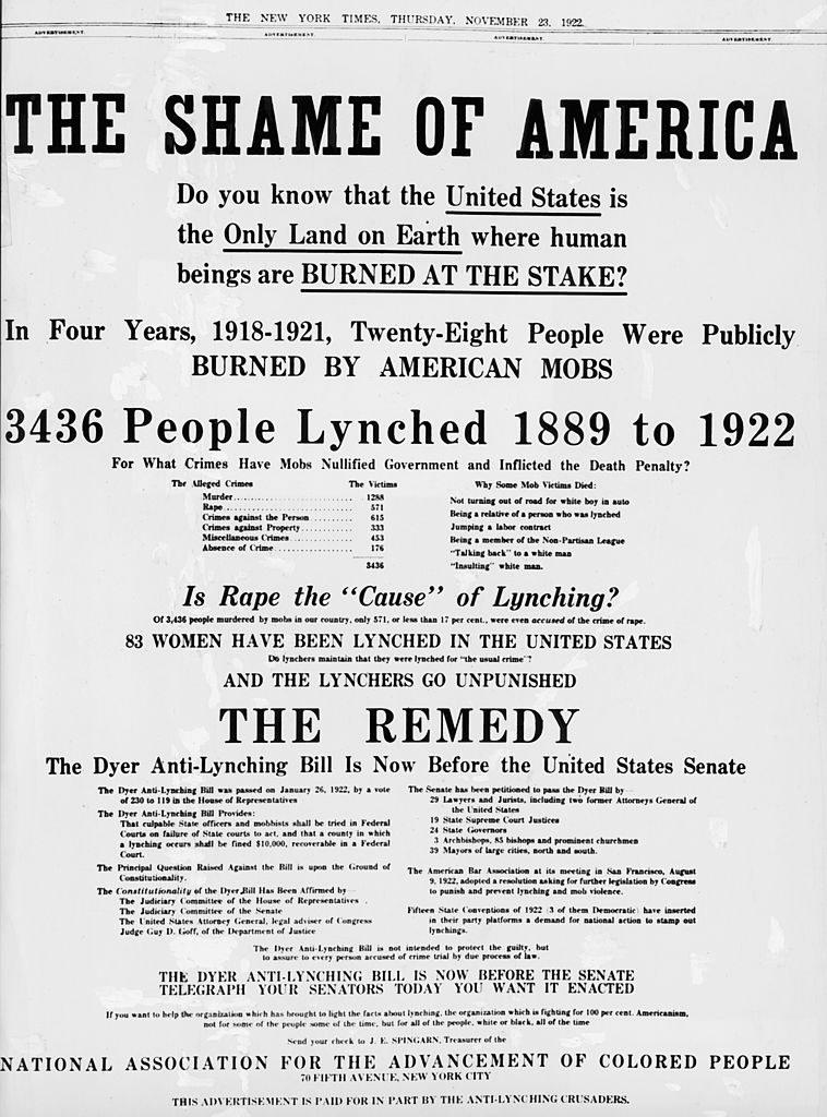 Advertisement for the Dyer Anti-Lynching Bill headlined 'The Shame Of America' sponsored by The NAACP