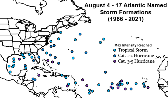 Where named storms have developed Aug. 4-17 from 1966 through 2021.