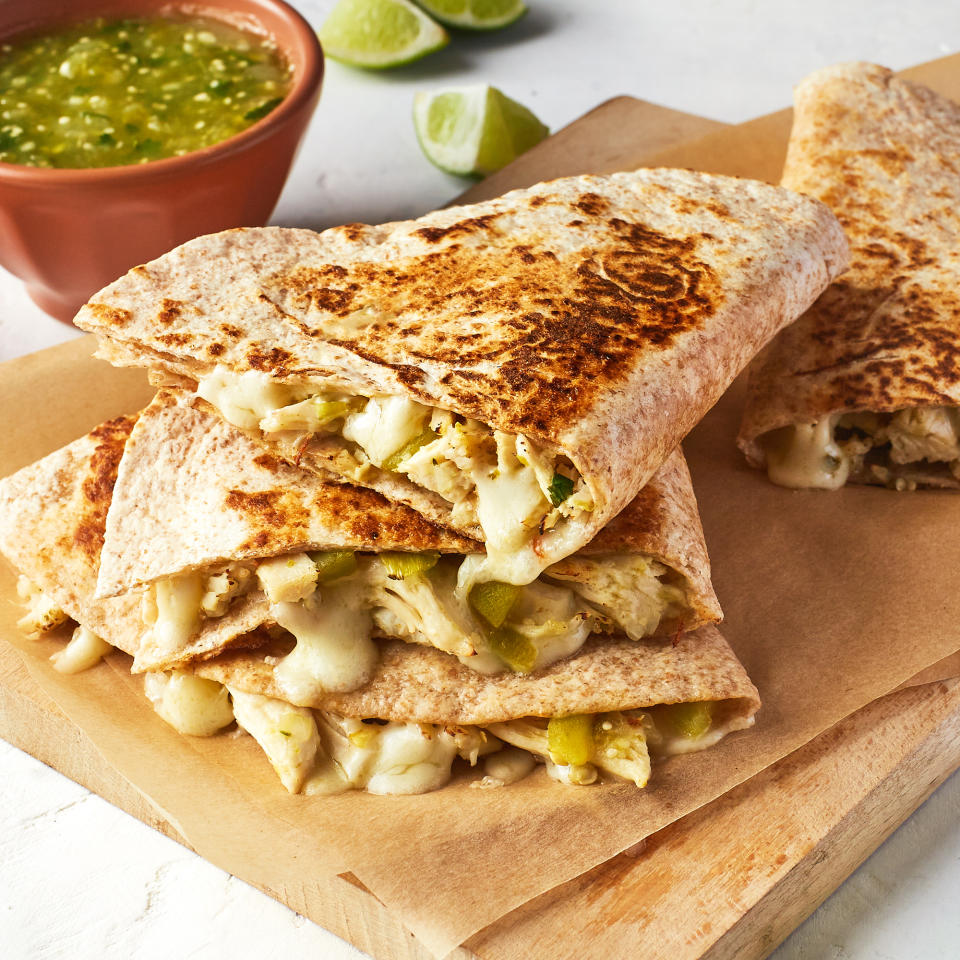 Cheesy Pulled Chicken & Green Chile Quesadillas