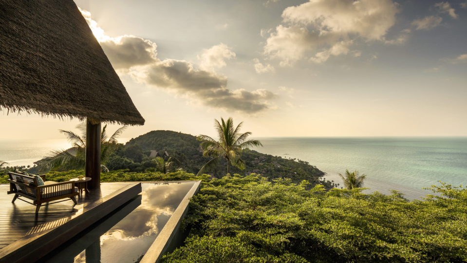 View of the ocean and trees at the Four Seasons Resort Koh Samui in Thailand, White Lotus season 3 filming location