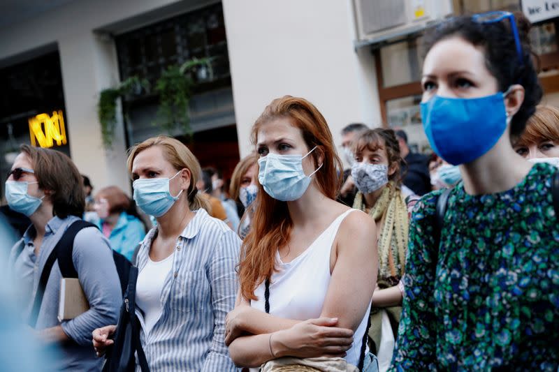 People attend a protest in support of the students of the University of Theatre and Film Arts during their blockade in Budapest