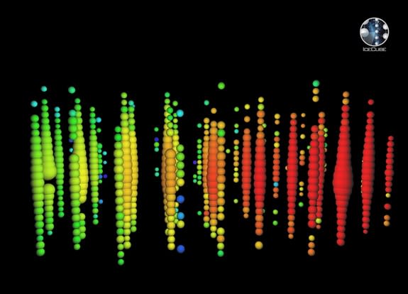 A representation of one of the highest-energy neutrinos detected in the northern sky by the IceCube Observatory.