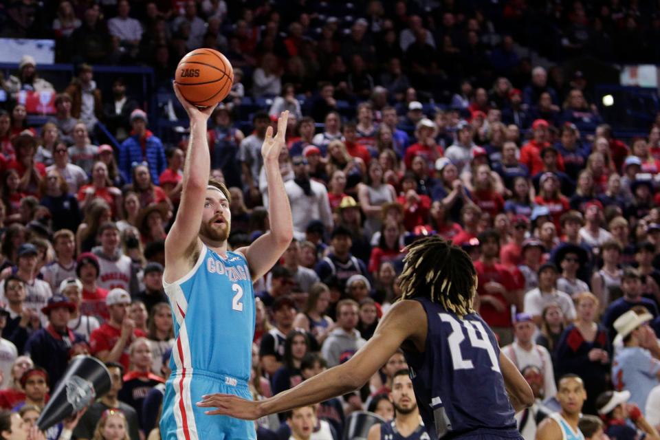 Gonzaga star center Drew Timme shoots during the Zags' season-opening win Monday against North Florida.