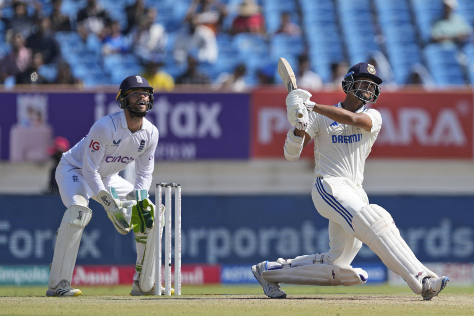 India's Yashasvi Jaiswal plays a shot on the fourth day of the third cricket test match between England and India in Rajkot, India, Sunday, Feb. 18, 2024. (AP Photo/Ajit Solanki)