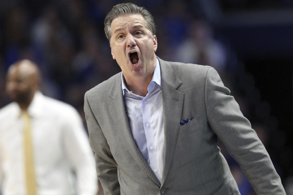 Kentucky coach John Calipari shouts to his team during the second half of an NCAA college basketball game against Missouri on Saturday, Feb. 24, 2018, in Lexington, Ky. Kentucky won 88-66. (AP Photo/James Crisp)