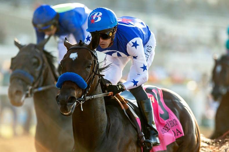 Eda wins Sunday's Rancho Bernardo Handicap at Del Mar -- her seventh straight victory. Benoit Photography, courtesy of Del Mar Turf Club