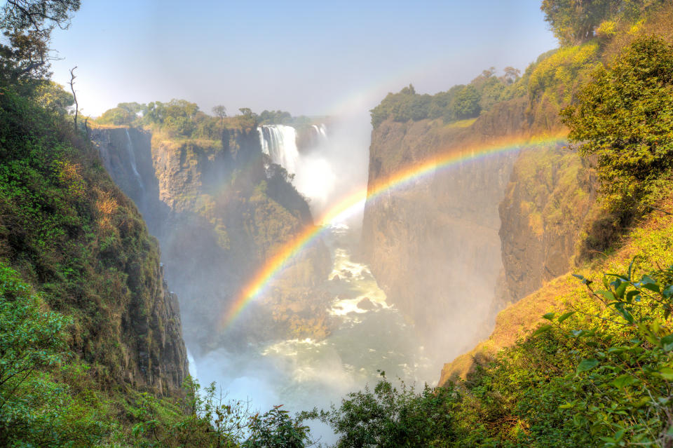 The main falls at Victoria Falls with a rainbow in front.