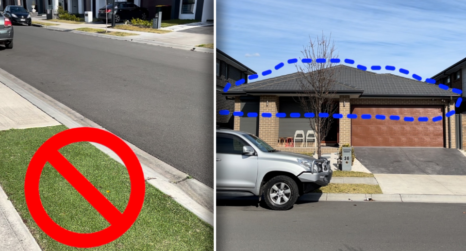 Left - a cross through a synthetic lawn. Right - a line around a black roof.