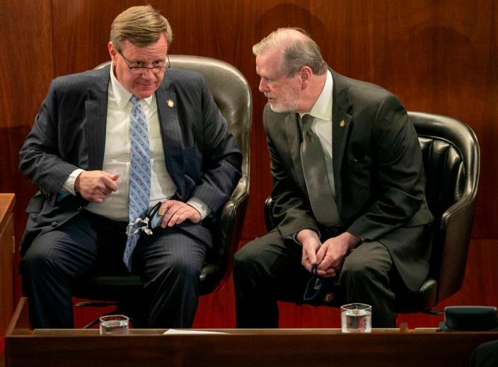 House Speaker Tim Moore talks with Senator Phil Berger as they await the arrival of Governor Roy Cooper for the State of the State address on Monday, April 26, 2021 in Raleigh, N.C.
