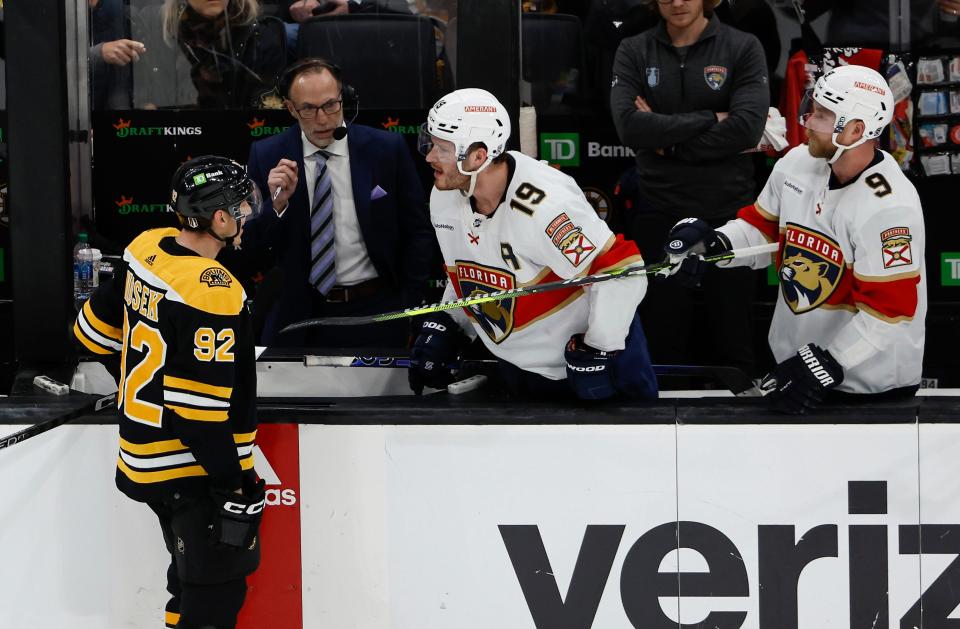 Game 2: Florida Panthers center Sam Bennett (9) pokes his stick at Boston Bruins left wing Tomas Nosek (92), who is exchanging words with Panthers left wing Matthew Tkachuk.