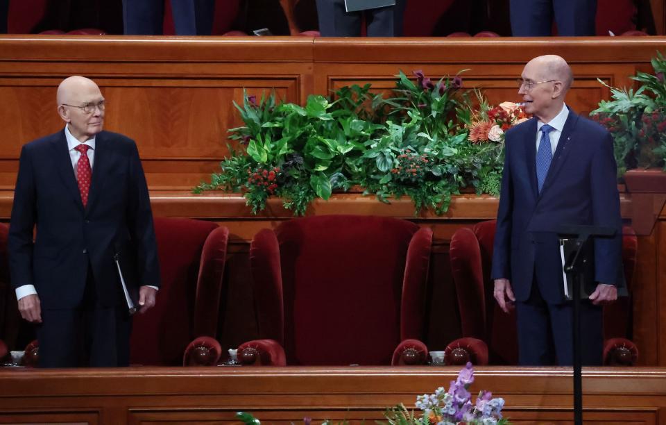 President Dallin H. Oaks, first counselor in the First Presidency, and President Henry B. Eyring, second counselor in the First Presidency, stand prior to the Sunday morning session of the 193rd Semiannual General Conference of The Church of Jesus Christ of Latter-day Saints at the Conference Center in Salt Lake City on Sunday, Oct. 1, 2023. President Nelson was unable to attend. | Jeffrey D. Allred, Deseret News