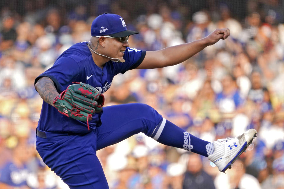 Los Angeles Dodgers starting pitcher Julio Urias throws to the plate during the sixth inning of a baseball game against the San Francisco Giants Saturday, July 23, 2022, in Los Angeles. (AP Photo/Mark J. Terrill)