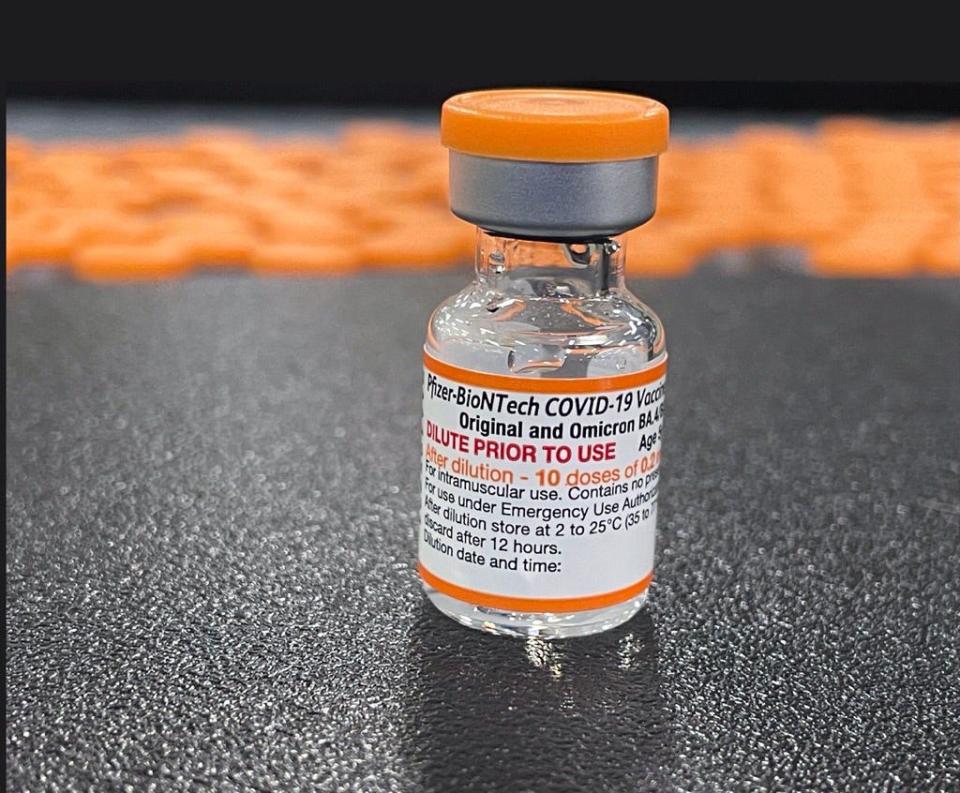 One vial of Pfizer-BioNTech Omicron BA.4/BA.5 bivalent COVID-19 vaccine vials for children ages 5 to 11 years old.