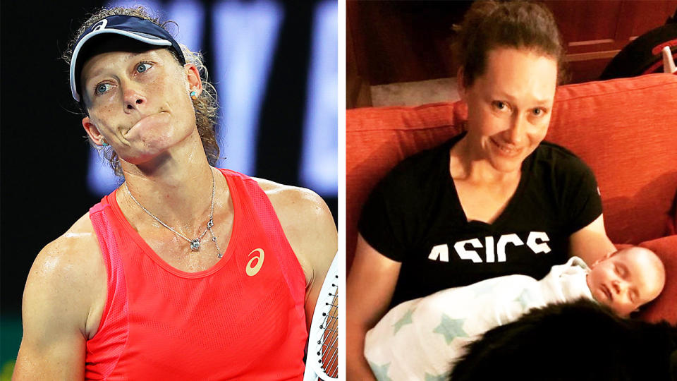 Samantha Stosur (pictured left) after losing a point at the Australian Open and holding her daughter (pictured right).