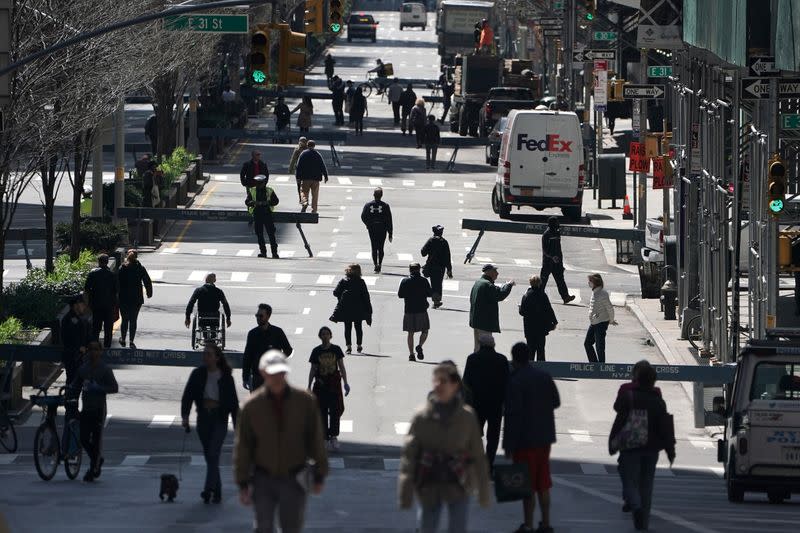 People walk on Park Avenue that was closed to vehicular traffic in New York City