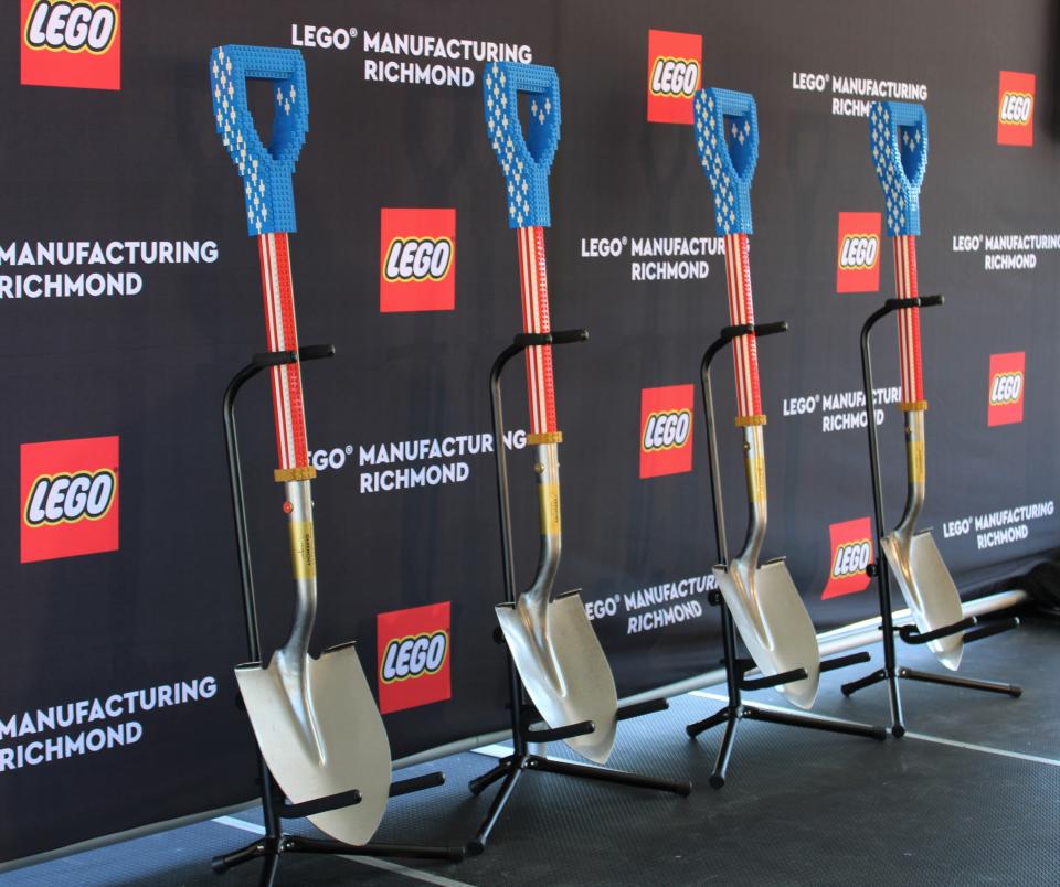 LEGO shovels used during the LEGO Manufacturing Richmond groundbreaking ceremony in Chester, Va. on April 13, 2023.