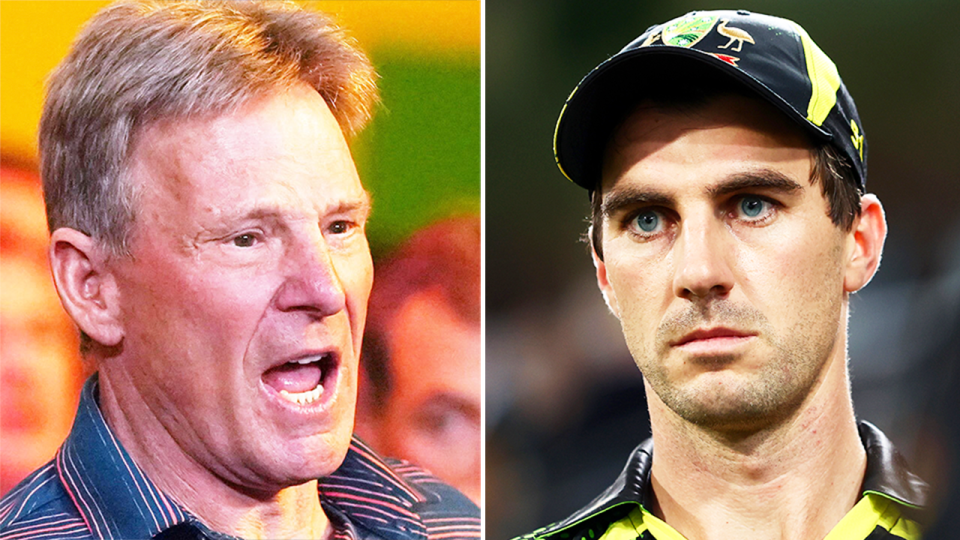 Sam Newman (pictured left) speaking during broadcast and (pictured right) Aussie cricket captain Pat Cummins during a match.