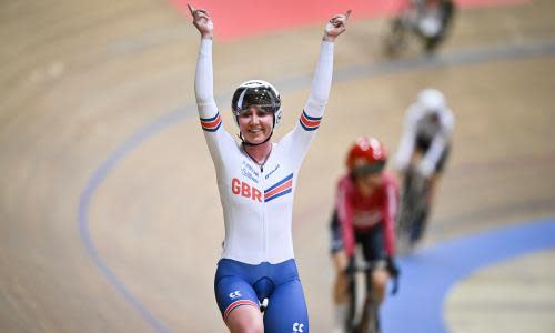 Katie Archibald of Great Britain reacts after winning the women's omnium points race at the UEC track cycling elite European championships, at the Velodrome Suisse, in Grenchen, Switzerland, Friday, Feb. 10, 2023. (Gian Ehrenzeller/Keystone via AP)