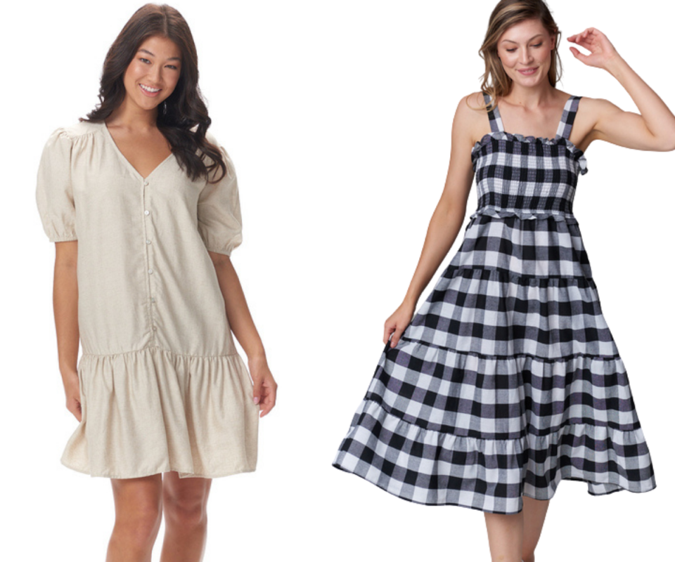 A woman in a cream linen dress on left and on the right, a woman in a black and white gingham maxi dress. 