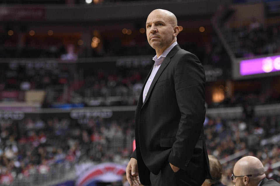 Milwaukee Bucks head coach Jason Kidd looks on during the first half of an NBA basketball game against the Washington Wizards, Monday, Jan. 15, 2018, in Washington. (AP Photo/Nick Wass)