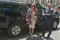 First Lady Melania Trump wore a coat by Italian company Dolce & Gabbana while on tour with Donald Trump in Italy.