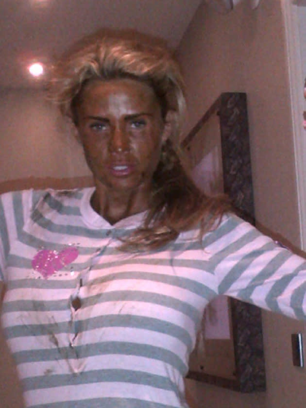 Celebrity photos: Katie Price is known for her golden glow, but even we were shocked with the amount of fake tan she slathered on her face. The star tweeted this picture, with the caption: “Lol haha I've put @laurengoodger fake tan on I hope it washes off lighter haha I look like I've been in mud haha” [sic] Copyright [Katie Price]