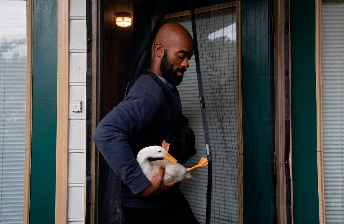 Tyler Allen walks with his pet duck, LaQuisha, to attend a jazz concert in Moore Square on Thursday, Oct. 13, 2022, in Raleigh, N.C.