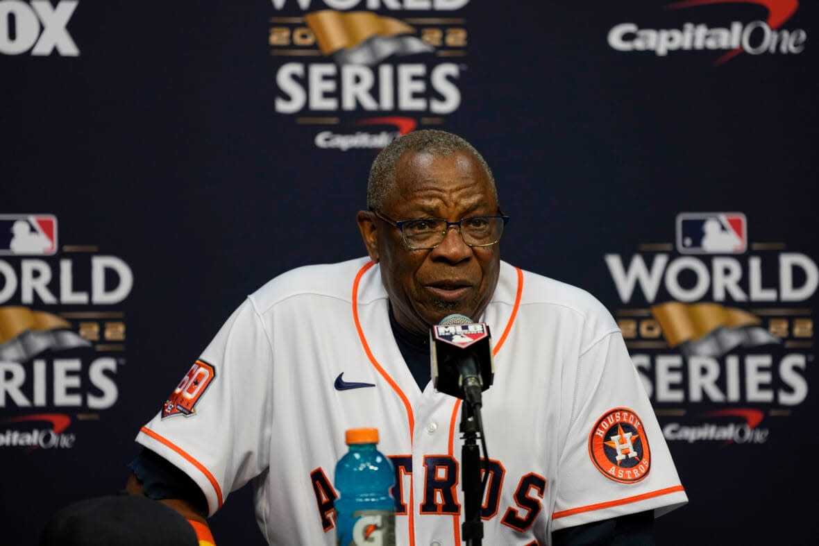 Houston Astros manager Dusty Baker Jr. ahead of Game 1 of the baseball World Series between the Houston Astros and the Philadelphia Phillies on Thursday, Oct. 27, 2022, in Houston. Game 1 of the series starts Friday. (AP Photo/Eric Gay)