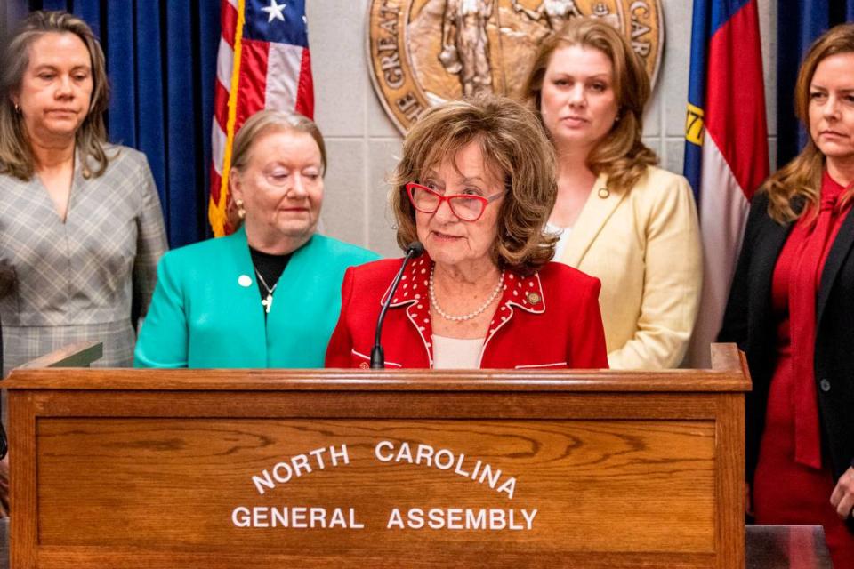 Sen. Joyce Krawiec, a Forsyth County Republican, and other Republican lawmakers involved in the formation of the new abortion restrictions bill, talk to reporters during a press conference on Tuesday, May 2, 2023 at the Legislative Building in Raleigh, N.C.
