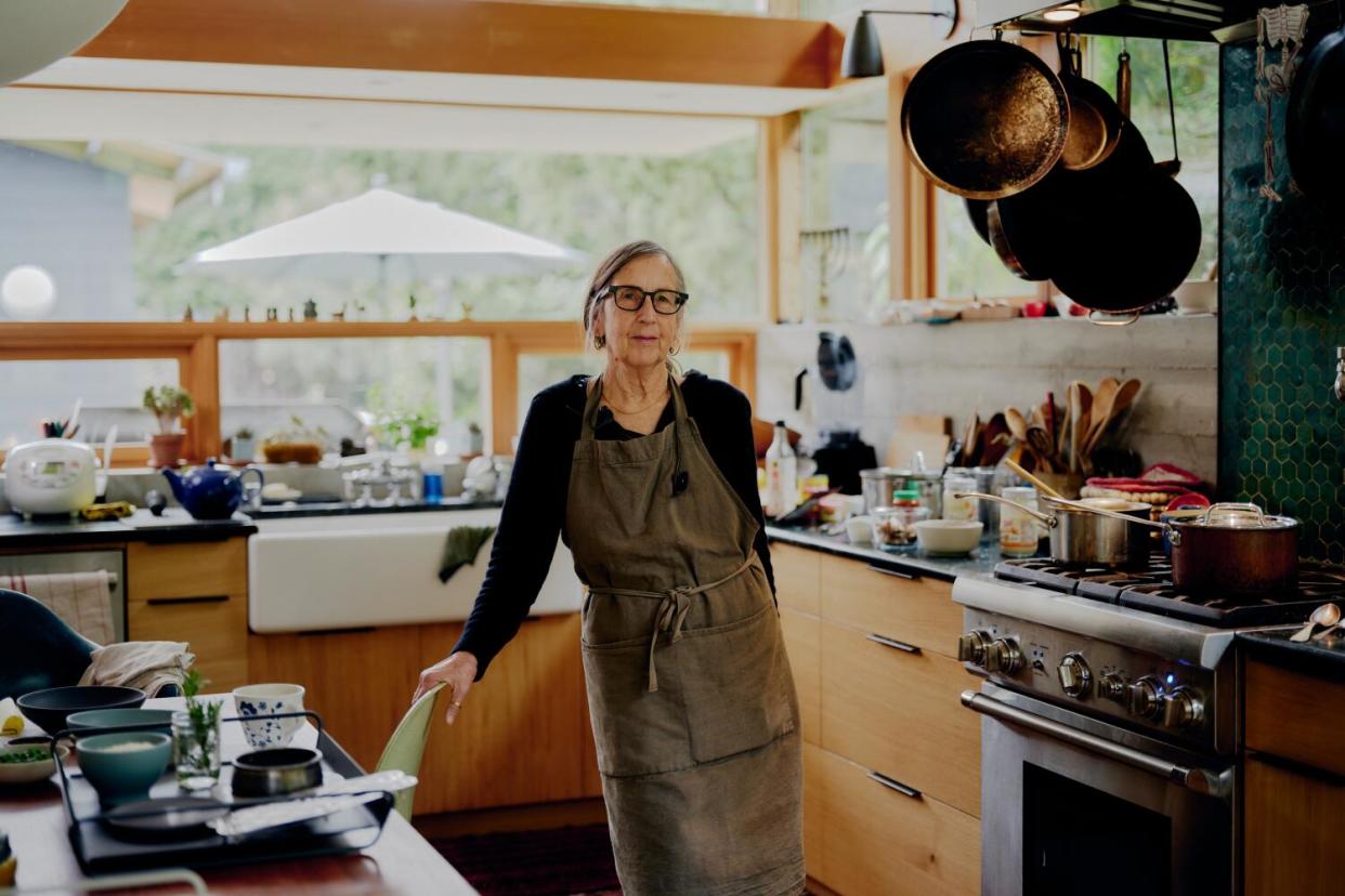 ALTADENA, CA - FEBRUARY 29, 2024: Dishes and cooking of soup in Michelle Huneven's kitchen.