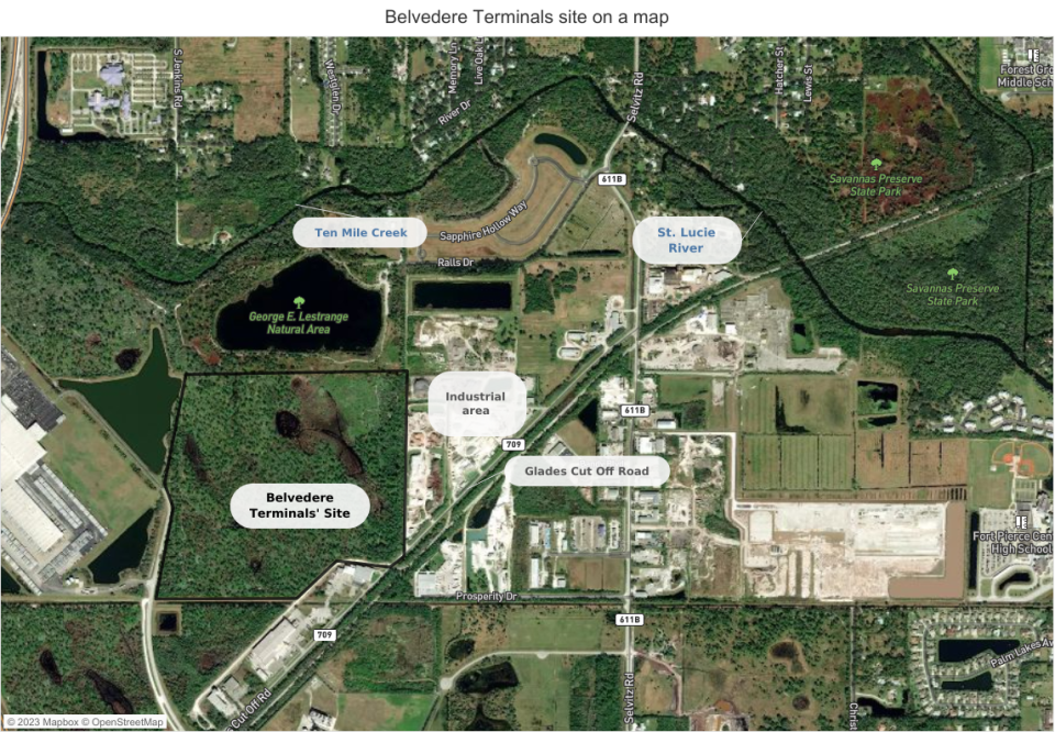 The satellite map of the Belvedere Terminals site shows that though it is in an industrial area, it shares boundaries with George LeStrange Preserve and is less than a mile away from the Ten Mile Creek. Wetlands on the site are also visible on this site.