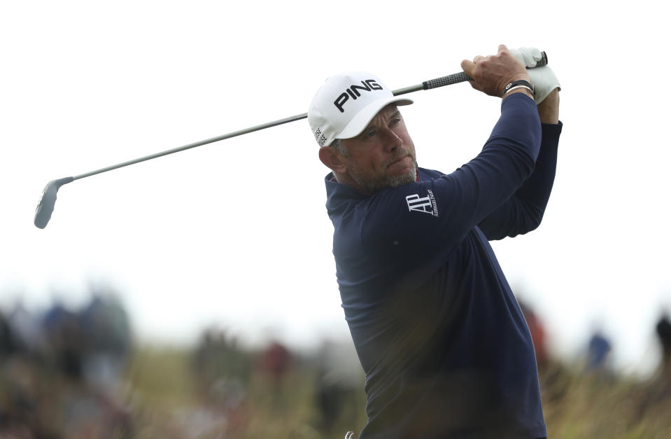 England's Lee Westwood plays his tee shot on the 8th hole during the third round of the British Open Golf Championships at Royal Portrush in Northern Ireland, Saturday, July 20, 2019.(AP Photo/Jon Super)