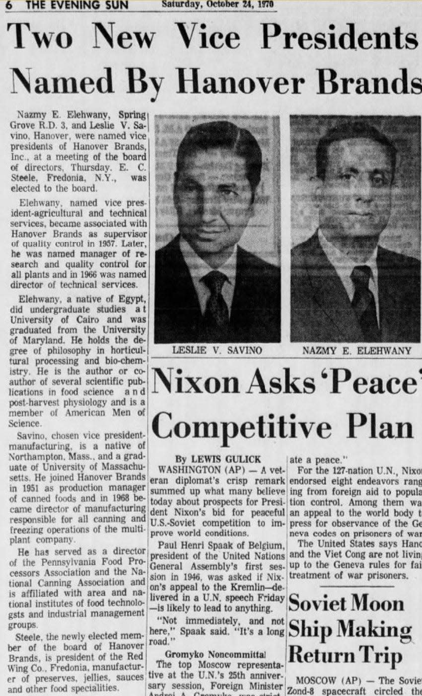 A newspaper clipping from The Evening Sun announces Les Savino as the new Vice President of Manufacturing for Hanover Brands, Inc., now Hanover Foods, Saturday, October 24, 1970.