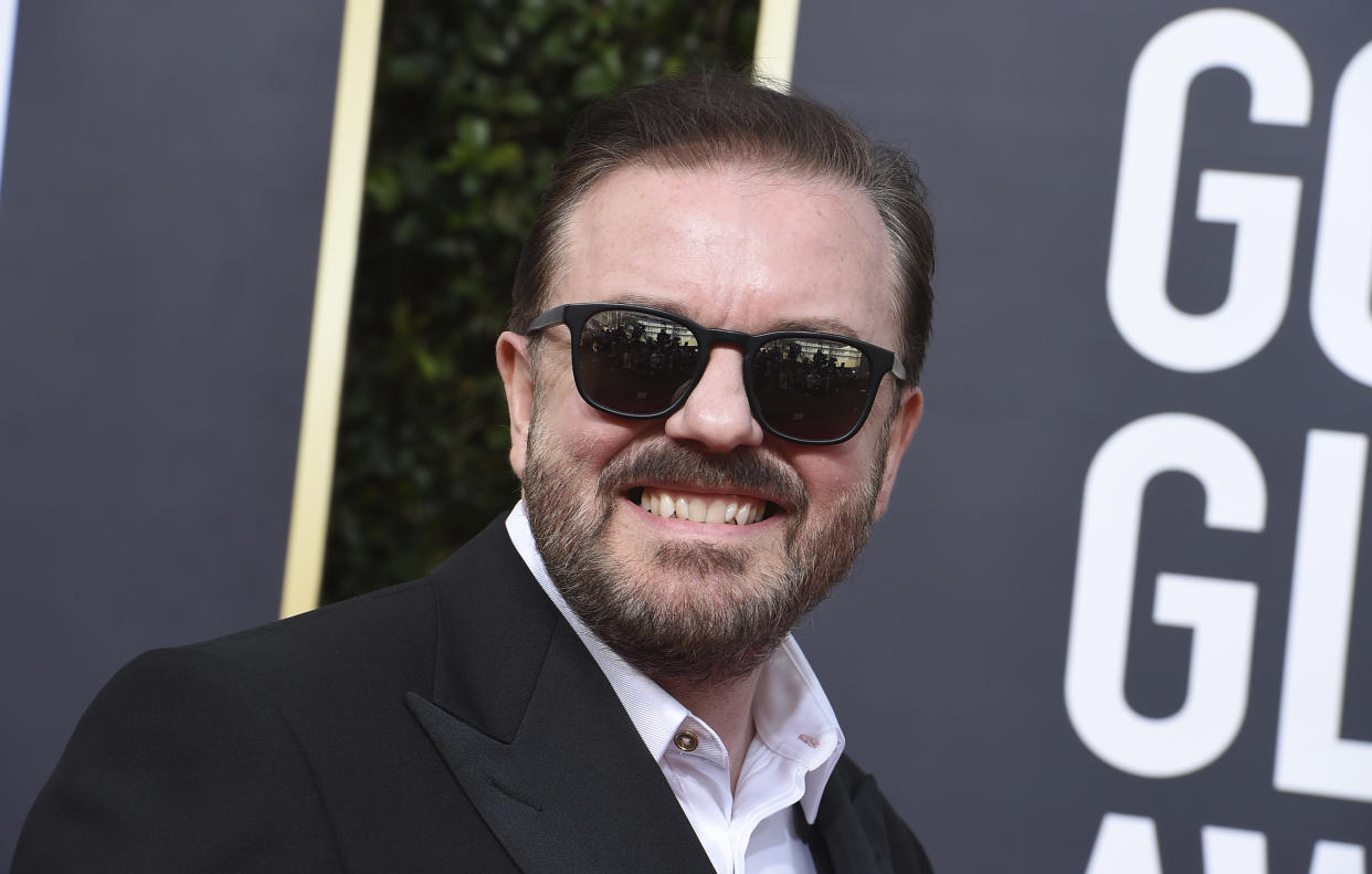 Ricky Gervais arrives at the 77th annual Golden Globe Awards at the Beverly Hilton Hotel on Sunday, Jan. 5, 2020, in Beverly Hills, Calif. (Photo by Jordan Strauss/Invision/AP)